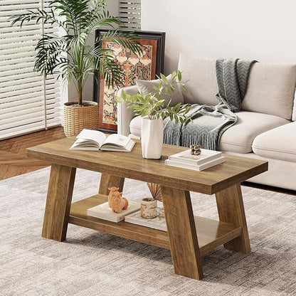 Tohomeor 47.24" Coffee Table for Living Room, Farmhouse Solid Wood Coffee Table with Storage, Rectangle Rustic Accent Center Table with for Home Apartment Office, Retro Brown