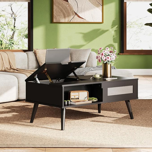 WLIVE Coffee Table, Lift Top Coffee Table with Storage Shelf, Drawer, Height Adjustable and Tilting Tabletop for Living Room, Mid Century Modern, Wood, Black
