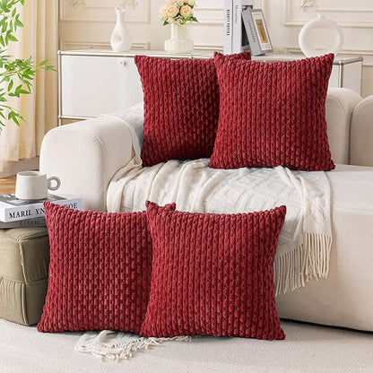 Set of 4 Burgundy Decorative Throw Pillow Covers 18x18 Inch Corduroy Pillow Covers for Bed Couch Sofa Living Room Soft Square Cushion Cases