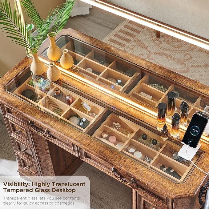 Makeup Vanity Desk with 48" HD Lighted Mirror, Farmhouse Vanity Table with 8 Drawers, Vanity Desk with 3 Color Modes, Dressing Table with Glass Top and Charging Station for Bedroom