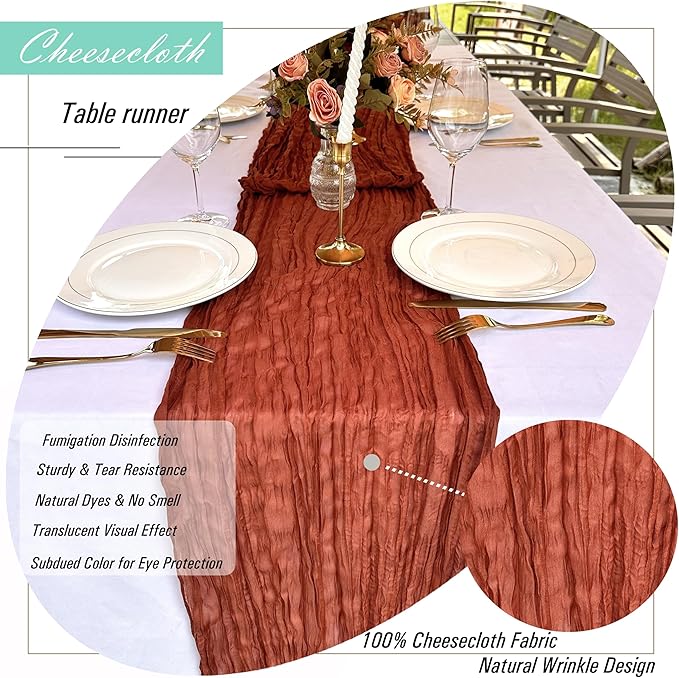 16 Pack Terracotta Cheesecloth Table Runner Rustic Gauze 22 x 108 inch Fall Table Runners for Wedding Bridal Shower Birthday Party Table Runner Thanksgiving Christmas Decor