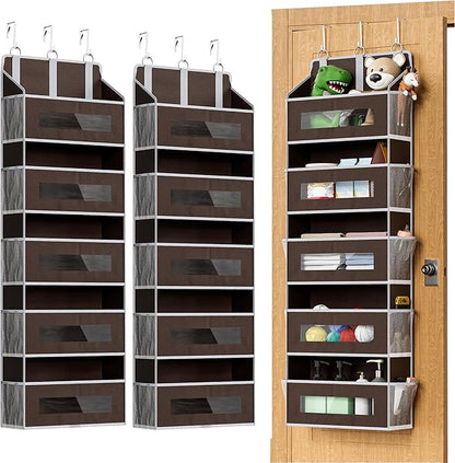 2 Packs 5-Tier Over the Door Storage Organizer with 10 Side Mesh Pockets, 48 lbs Load Capacity, 3 Hooks Design, Hanging Organizer with Clear Windows for Bathroom, Bedroom, Nursery, Kitchen-Brown