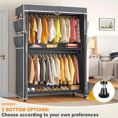 Raybee Rolling Clothes Rack with Cover, 81" H Heavy Duty Clothing Rack with Adjustable Shelves, Portable Wardrobe Closet with Visible Window, Double Rod Garment Rack on Wheels, Max Load 440LBS, Black