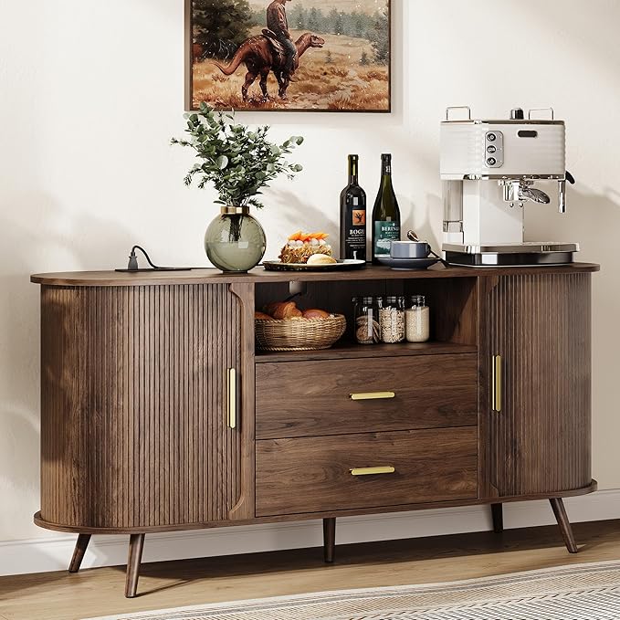 60" Sideboard Buffet Cabinet with Storage, Sliding Door & Adjustable Shelf, Modern Accent Sideboard Coffee Bar Console Table for Kitchen, Entryway and Living Room