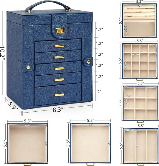AKOZLIN 6-Tier Jewelry Box Organizer Functional 5 Drawers Leather Jewelry Storage Case for Women Girls Ring Necklace Earring Bracelet Holder Organizer with Mirror Blue Regular