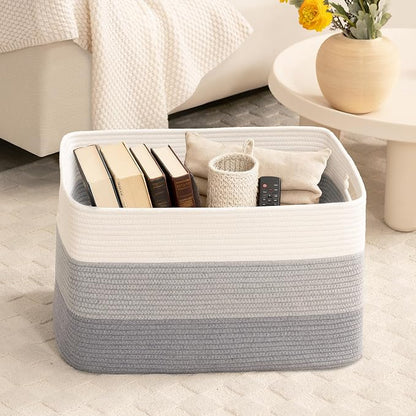 45L Small Laundry Basket with Leather Handles for Living Room Storage, Woven Rope Baskets Bin for Blanket, Kids Toy, Gifts, Wicker Hamper for Bedroom Dirty Clothes, 18"x14"x11" Gradient Grey
