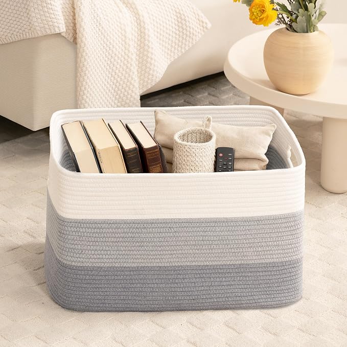 72L Large Laundry Basket with Leather Handles for Living Room Storage, Woven Rope Baskets Bin for Blanket, Kids Toy, Gifts, Wicker Hamper for Bedroom Dirty Clothes, 22"x17"x12" Gradient Grey
