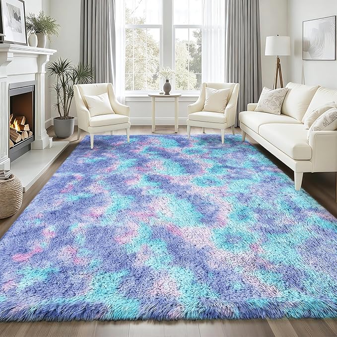 Rainbow 8x10 Fluffy Rugs for Girls Bedroom: Large Shag High Pile Area Rug Upgrade Non-Slip Plush Fuzzy Living Room Rug Shaggy Soft Indoor Floor Carpet Nursery Rugs for Kids Baby Toddler Home Decor