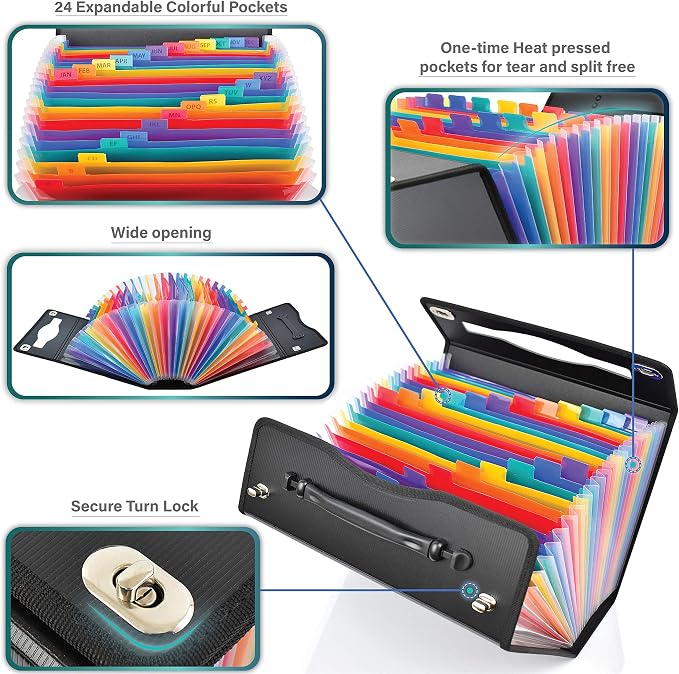 CNK Accordion File Folders with 24 Pockets Organizer for Document Paper Storage Folder Documents Expanding Binder Folio Pocket Receipt Filing Expandable Files Dividers Labels Letter Durable Handle