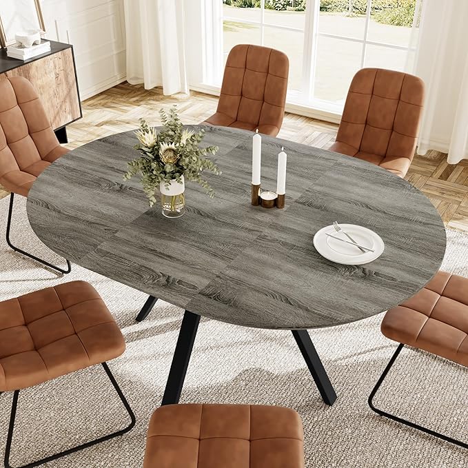Extendable Round Dining Table Set for 6 People, 43.3"-59.1" Extendable Kitchen Table with 6 Upholstered Chairs, Space Saving for Kitchen Dining Room (Grey Table+6 U-Shaped Brown Chairs)