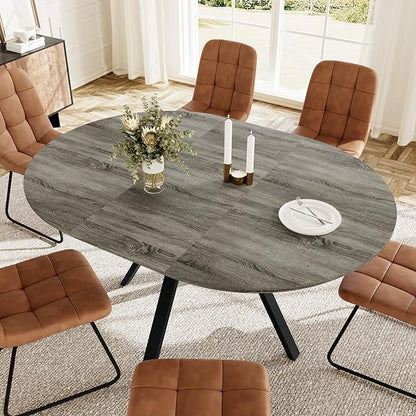 Extendable Round Dining Table Set for 6 People, 43.3"-59.1" Extendable Kitchen Table with 6 Upholstered Chairs, Space Saving for Kitchen Dining Room (Grey Table+6 U-Shaped Brown Chairs)