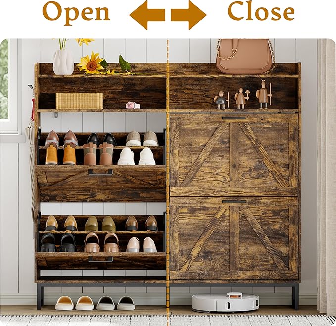 Shoe Cabinet Storage for Entryway, Shoe Storage Cabinet with 3 Flip Drawers, Freestanding Narrow Shoe Rack Organizer with Metal Legs for Foyer, Hallway, Brown