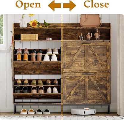 Shoe Cabinet Storage for Entryway, Shoe Storage Cabinet with 3 Flip Drawers, Freestanding Narrow Shoe Rack Organizer with Metal Legs for Foyer, Hallway, Brown