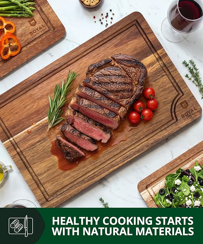 ROYAL CRAFT WOOD Wooden Cutting Boards for Kitchen Meal Prep & Serving - Bamboo Wood Serving Board Set with Deep Juice Groove Side Handles - Charcuterie & Chopping Butcher Block for Meat
