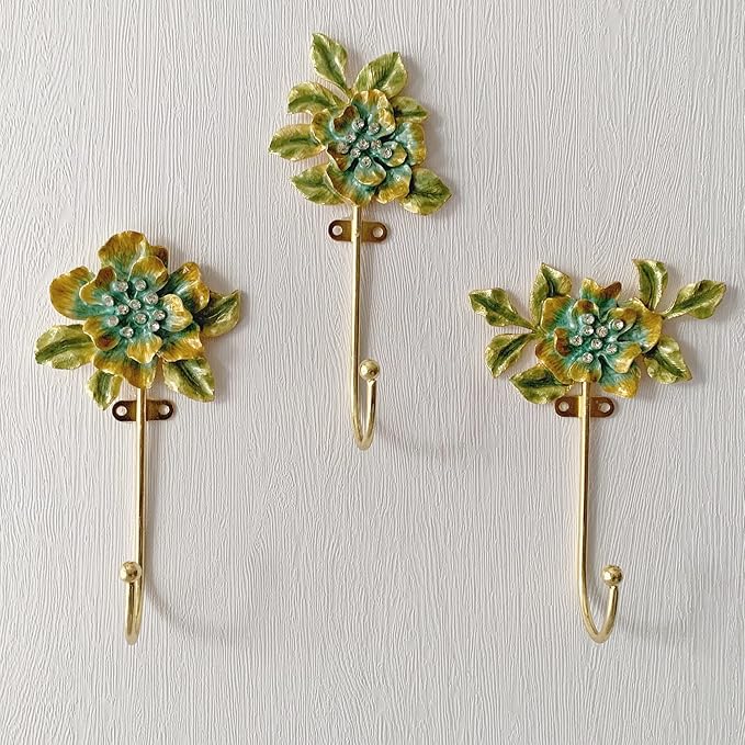 Vintage Flower Shaped Decorative Wall Hooks Rack Hangers for Hanging Clothes Coats Towels Keys Hats, 3 Pack Antique Metal Mounted Wall Hook