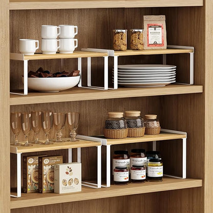 Kitchen Cabinet Organizer Shelf Set of 4, Large Stackable Pantry Cupboard Countertop Storage and Organizer, Desk Shelf Riser, Spice Plate Cup Expandable Storage Rack (Bamboo White)
