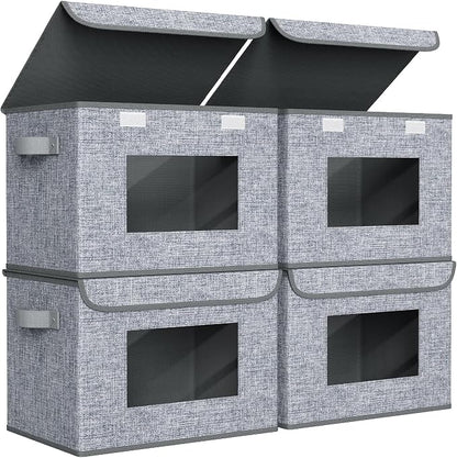 Univivi Fabric Foldable Storage Boxes [4-Pack] Large Collapsible Stackable Storage Bins with Lids, Closet Organizers and Storage Cube Basket for Home, Office, Bedroom (Grey, 17'' x 12'' x 12")