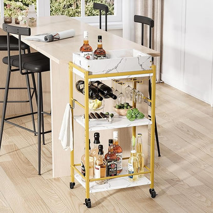 3-Tier Gold Bar Cart with Removable Tray, Small Bar Carts with Wheels, Rolling Beverage Cart, Drink Cart, Gold Wine Cart with Wine Rack for Kitchen, Living Room GBC513G