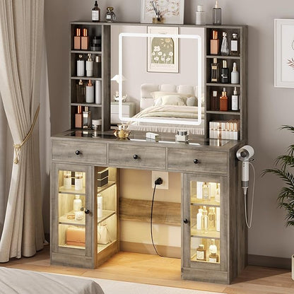 Grey Vanity Desk with Mirror and Lights, Glass Top Vanity with Lighted Mirror & RGB Cabinet and 3 Drawers, Dressing Table with 8 Shelves, Makeup Desk with Lights for Girls Bedroom, 3 Color Modes