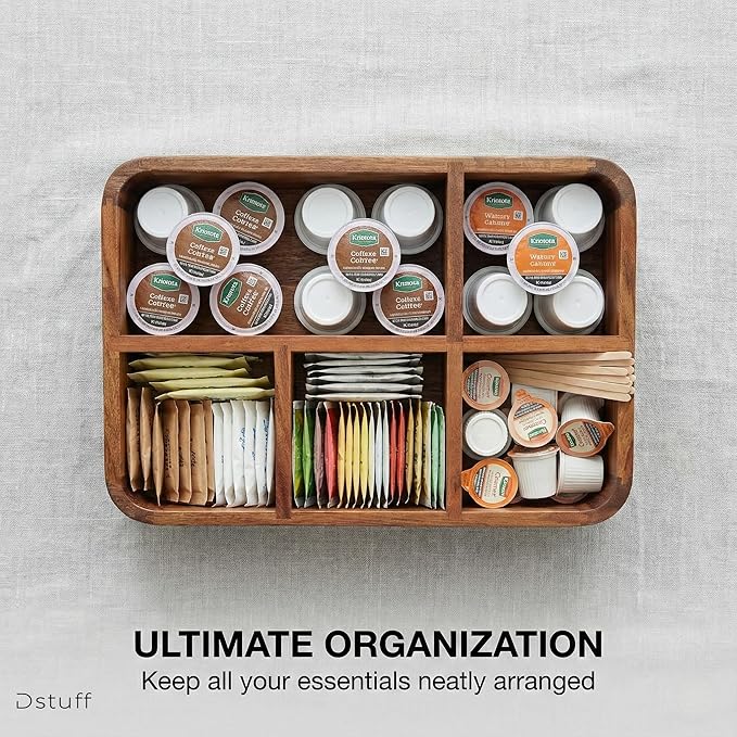 Dstuff Acacia Wood Coffee Station Organizer for Countertop, Tea Organizer and Holder, Coffee Bar Caddy with Multiple Compartments for Home and Office Decor