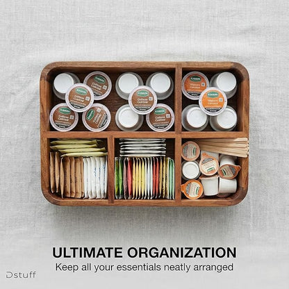 Dstuff Acacia Wood Coffee Station Organizer for Countertop, Tea Organizer and Holder, Coffee Bar Caddy with Multiple Compartments for Home and Office Decor