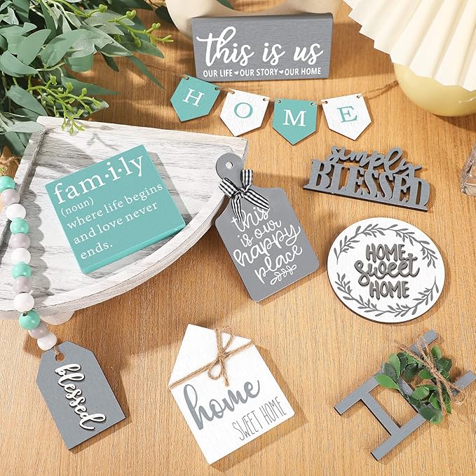 11 pcs Home Tiered Tray Decor This is us Rustic Farmhouse Tiered Tray Decorations Set Home Wooden Signs Vintage Farm Animal Farmhouse Tabletop Wood Signs for Kitchen Table Shelf Decor