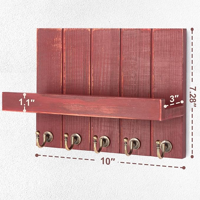 Rebee Vision Pine Wood Key Holder Wall Mount – Rustic Key Holder for Wall with Shelf for Mail & Apartment Essentials – Perfect for Farmhouse Decor (Red,3.54" D x 10" W x 7.28" H)