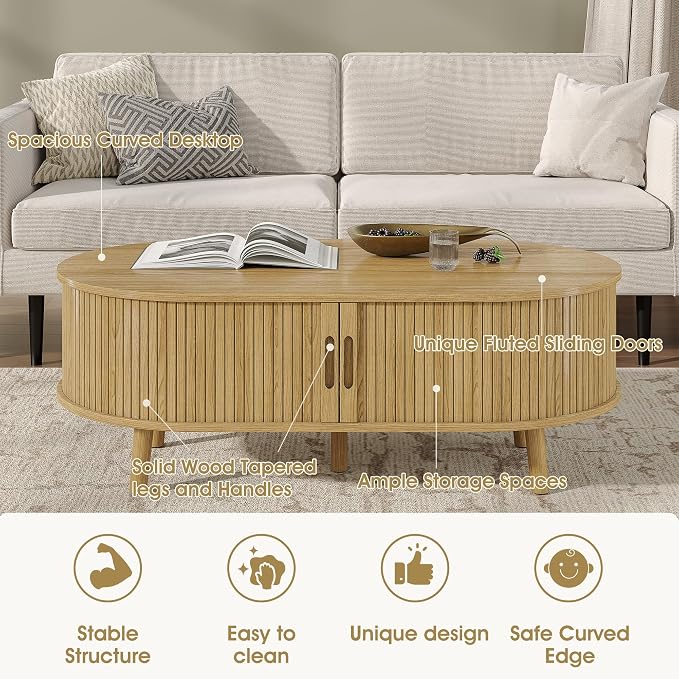 Alohappy 42.5" W Oval Coffee Table, Mid Century Modern Coffee Table with Sliding Tambour Door, Fluted Center Table with Hidden Storage, Curved Accent Table for Living Room, Home Office,Natural Oak