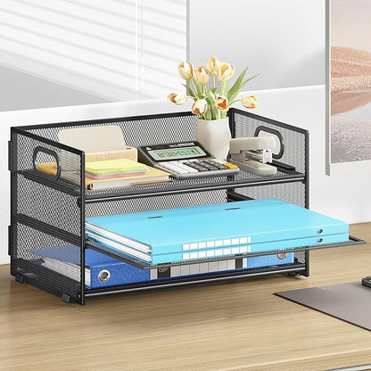 Subekyu 3 Tier Paper Letter Tray Organizer for Desk, Black Metal Mesh Desk File Folder Sorter Organizer with Handle and Sliding Tray for Home, Office, School Supplies Organization Storage