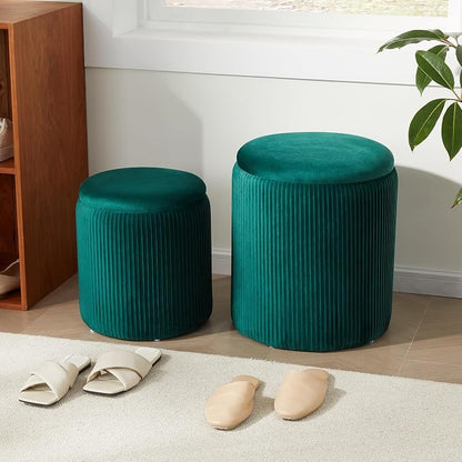 Royal Windsor Round Ottoman with Storage Set of 2,Vanity Stool with Storage for Bedroom, Ottoman Coffee Table, Small Velvet Foot Stool for Living Room, Green