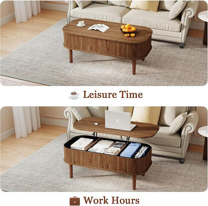 Fluted Lift Top Coffee Table with Hidden Storage, Oval Coffee Table with Lifting Top, Mid Century Modern Design for Living Room, Office & Small Spaces, Walnut