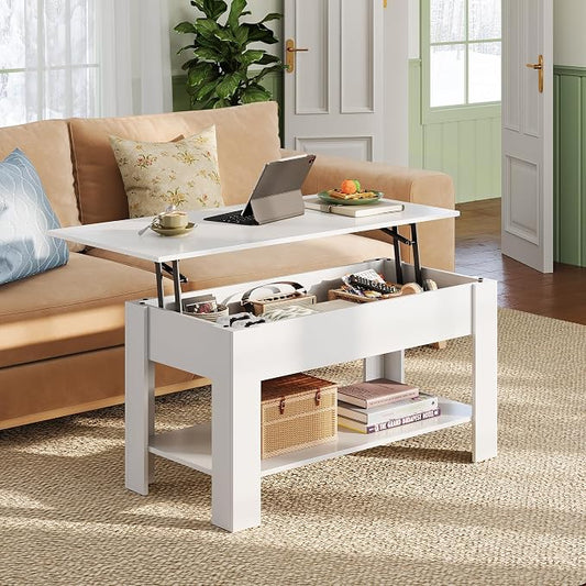 WLIVE Coffee Table, 39" Lift Top Coffee Table with Hidden Compartment, Storage Shelf and Lifting Top for Home Living Room, Office and Reception Room, White