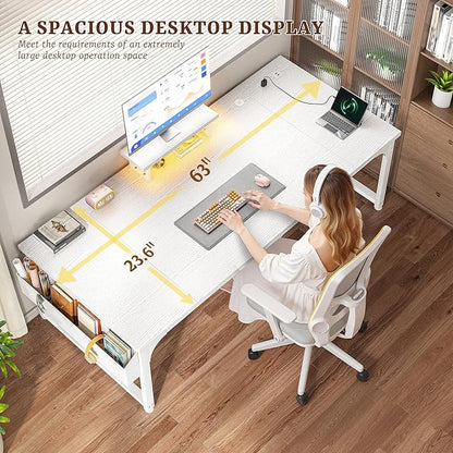 63 Inch Computer Desk with Monitor Stand & 0.95 inch Thicker Desktop,Gaming Desk with Power Outlets & LED Light,White Writing Desk for Home Office, Study, Bedroom, White