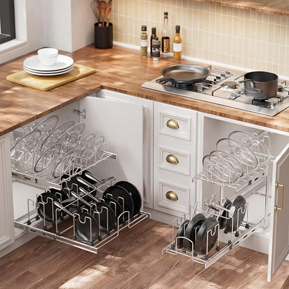 2-Tier Kitchen Pull out Cabinet Organizer for Pots, Pans, and Lid Cookware, Adjustable Heavy Duty Wire Pan and Pot Rack, Full-Extension Rail 12" W *22" D