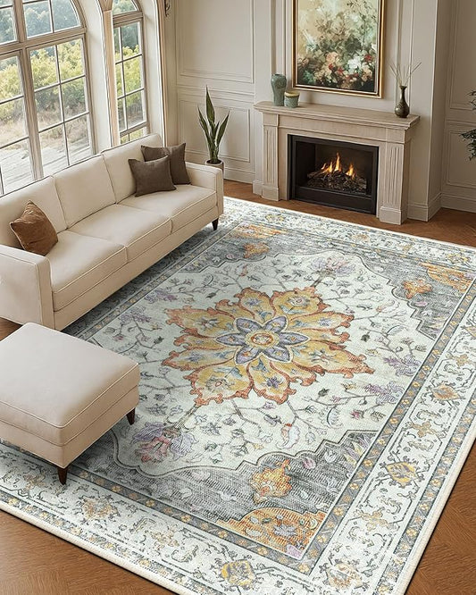 RELEANY Area Rugs Large 9'x12' Washable Non-Slip, Floral Vintage Distress Medallion Carpet for Living Room Bedroom Dining Room, Beige Carbon Grey Orange