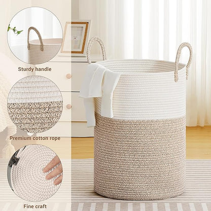 Tall Laundry Basket with Handles, 72L Portable Dirty Clothes Hamper, Boho Cotton Rope Storage Bin for Blankets Kids Toys Gifts, Large Organizer for Baby Nursery Bedroom Bathroom, Brown