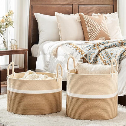 KAKAMAY Large Blanket Basket (20"x13"),Woven Baskets for storage Baby Laundry Hamper, Cotton Rope Blanket Basket for Living Room, Laundry, Nursery, Pillows, Baby Toy chest (White and Brown)