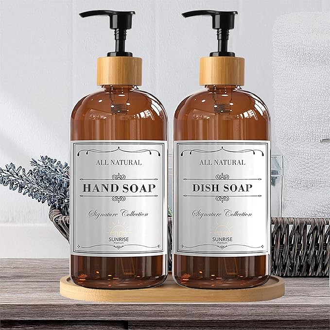 Sunrise Premium 16 OZ Thick Amber Glass Soap Dispenser, Bamboo Pump with Tray 2 Pack, Hand and Dish Soap Dispenser Set for Bathroom with 6 Waterproof Labels