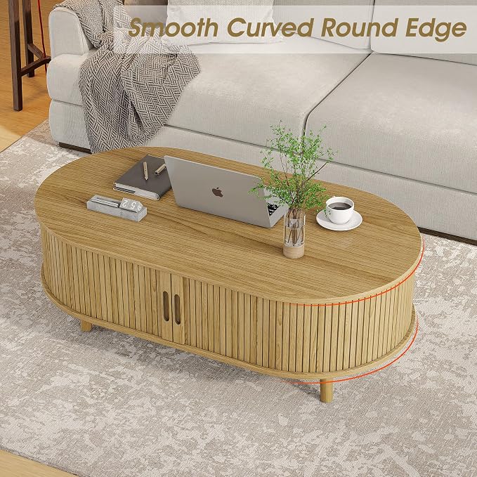 Alohappy 42.5" W Oval Coffee Table, Mid Century Modern Coffee Table with Sliding Tambour Door, Fluted Center Table with Hidden Storage, Curved Accent Table for Living Room, Home Office,Natural Oak