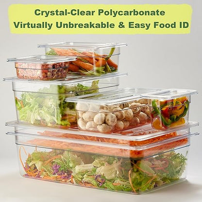 CURTA 6-Pack 1/6 Size 4" Deep NSF Polycarbonate Food Pans with Handled Lids & Drain Trays | Dishwasher & Freezer Safe Clear Container for Prep Tables, Buffet, Salad Bar, Commercial Kitchen