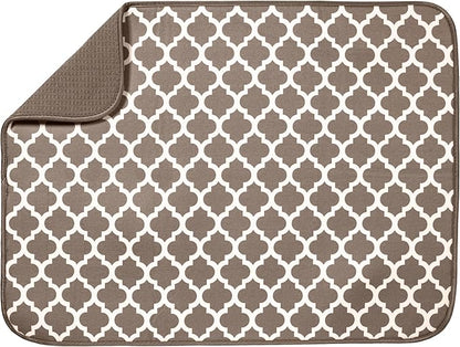 S&T INC. Dish Drying Mat XL, 18” x 24”, Absorbent Microfiber Kitchen Counter Mat, Dish Drying Pad for Dishes, Utensils, Pots and Pans, Extra Large, Taupe Trellis