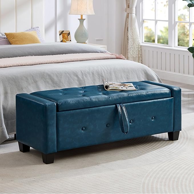 Furniliving Storage Bench, 48‘’ Upholstered PU Leather Ottoman Bench with Button-Tufted, Folding Bedroom Bench with Wood Legs, Entryway Bench for Bedroom, Navy Blue