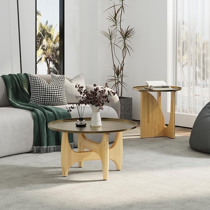 ACEDÉCOR Living Room Table Set of 3, Solid Wood Coffee Table Set with Tray Top and X-Base, Luxurious Brushed Gold Coffee Table Set with 2 End Tables for Living Room Apartment