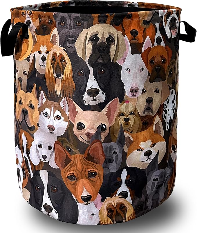 Cute Dogs Different Dog Laundry Basket Foldable With Handles Tote Bag Oxford Cloth Funny Animal Laundry Hamper Clothes Storage Bucket Toy Organizer 18.9"x16.5" For Bathroom/Laundry/Bedroom