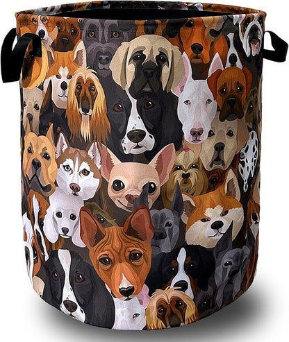 Cute Dogs Different Dog Laundry Basket Foldable With Handles Tote Bag Oxford Cloth Funny Animal Laundry Hamper Clothes Storage Bucket Toy Organizer 18.9"x16.5" For Bathroom/Laundry/Bedroom