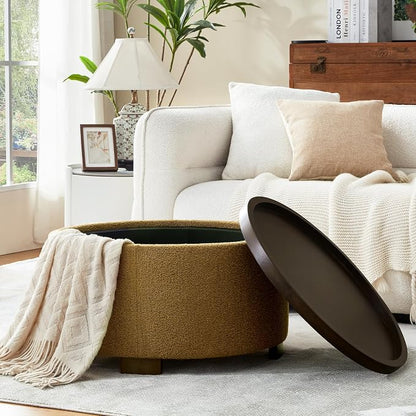 Zihanhome 30 Inch Round Storage Ottoman, Ottoman Coffee Table with Lift Off Lid, Boucle Modern Ottomans with Storage for Living Room, Bedroom, Apartments (Yellow)