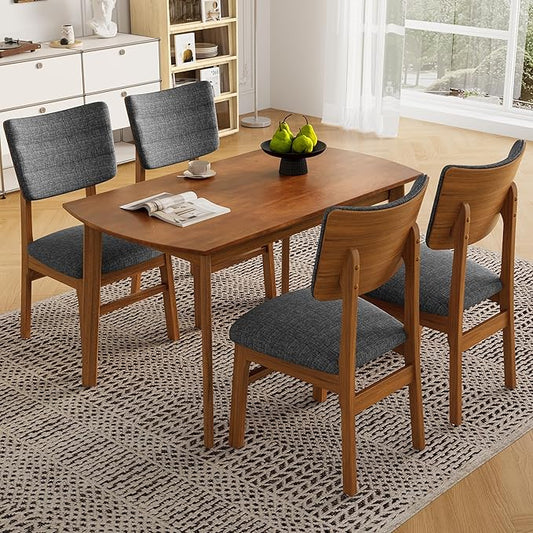 5-Piece Wooden Dining Set Mid-Century Modern Dinner Table and 4 Upholstered Chairs Rectangular Table with Chairs Set Rubberwood Legs Linen Padded Seat & Backrest for Dining Room Kitchen Apartment
