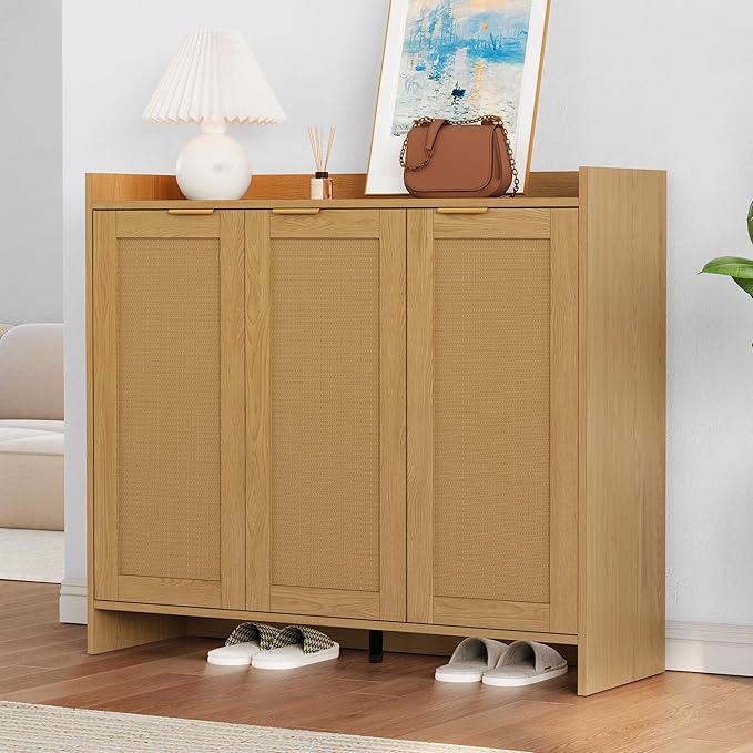 Shoe Cabinet, 41" Tall Rattan Shoe Storage Organizer Cabinet, Adjustable Shelves, 6-Tier Farmhouse Boho Wooden Storage Cabinet for Entryway Hallway Closet Bedroom,Lightoak