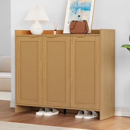 Shoe Cabinet, 41" Tall Rattan Shoe Storage Organizer Cabinet, Adjustable Shelves, 6-Tier Farmhouse Boho Wooden Storage Cabinet for Entryway Hallway Closet Bedroom,Lightoak