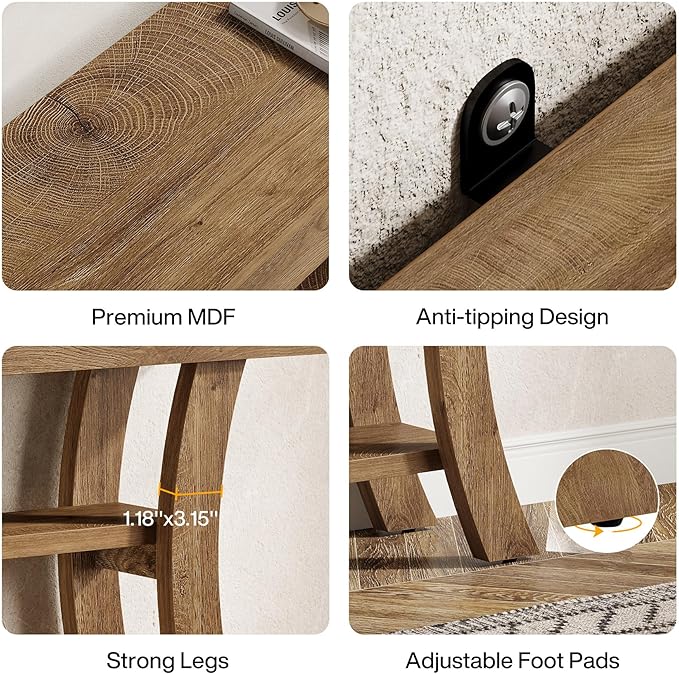 Tribesigns 41" Small Console Table for Entryway, 3-Tier Narrow Rustic Sofa Table with Storage Shelves and Curved Frame for Living Room, Entry, Hallway, Foyer (Oak Brown)
